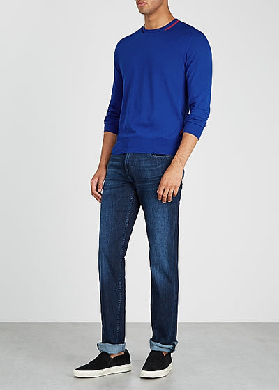 Blue fine-knit cotton jumper