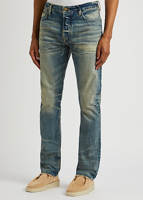 Blue distressed straight-leg jeans