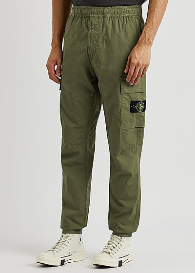 Green stretch-cotton cargo trousers