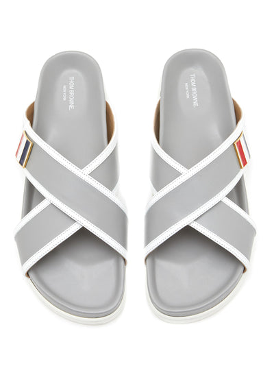 TRICOLOUR ENAMEL TAB CRISSCROSS LEATHER SLIDES