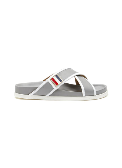 TRICOLOUR ENAMEL TAB CRISSCROSS LEATHER SLIDES